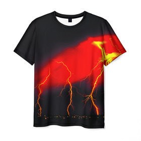 Мужская футболка 3D с принтом Гроза в Петрозаводске, 100% полиэфир | прямой крой, круглый вырез горловины, длина до линии бедер | красный | молния | ночь | черный
