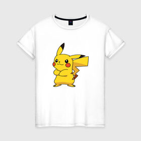 Женская футболка хлопок с принтом Pikachu в Петрозаводске, 100% хлопок | прямой крой, круглый вырез горловины, длина до линии бедер, слегка спущенное плечо | pikachu | pokemon | пикачу | покемон