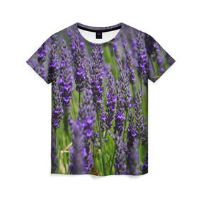 Женская футболка 3D с принтом Лаванда в Петрозаводске, 100% полиэфир ( синтетическое хлопкоподобное полотно) | прямой крой, круглый вырез горловины, длина до линии бедер | зеленый | зелень | лаванда | лето | поле | природа | синий | цветы