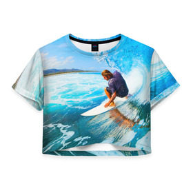 Женская футболка 3D укороченная с принтом Лето в Петрозаводске, 100% полиэстер | круглая горловина, длина футболки до линии талии, рукава с отворотами | берег | волна | лето | море | отдых | серфинг