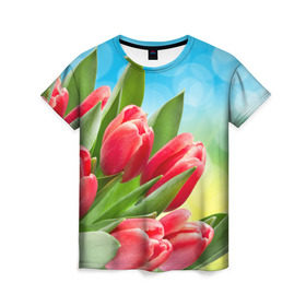 Женская футболка 3D с принтом Полевые тюльпаны в Петрозаводске, 100% полиэфир ( синтетическое хлопкоподобное полотно) | прямой крой, круглый вырез горловины, длина до линии бедер | арт | краска | лето | лучи | любовь | новинки | популярные | природа | рисунки | свет | цветы