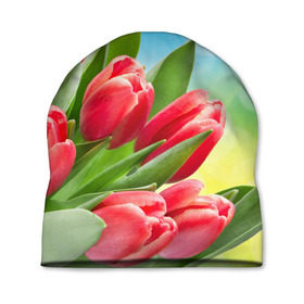 Шапка 3D с принтом Полевые тюльпаны в Петрозаводске, 100% полиэстер | универсальный размер, печать по всей поверхности изделия | арт | краска | лето | лучи | любовь | новинки | популярные | природа | рисунки | свет | цветы