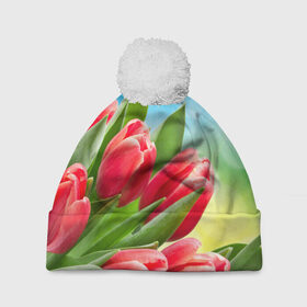 Шапка 3D c помпоном с принтом Полевые тюльпаны в Петрозаводске, 100% полиэстер | универсальный размер, печать по всей поверхности изделия | арт | краска | лето | лучи | любовь | новинки | популярные | природа | рисунки | свет | цветы