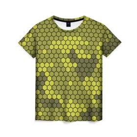 Женская футболка 3D с принтом Кибер камуфляж 8 в Петрозаводске, 100% полиэфир ( синтетическое хлопкоподобное полотно) | прямой крой, круглый вырез горловины, длина до линии бедер | желтый | соты