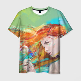 Мужская футболка 3D с принтом Летняя пора в Петрозаводске, 100% полиэфир | прямой крой, круглый вырез горловины, длина до линии бедер | lineking | вектор | волосы на ветру | девушка | краски | модель | одуванчик | рыжая