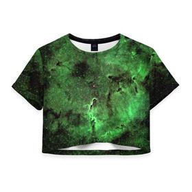 Женская футболка 3D укороченная с принтом Зеленый Космос в Петрозаводске, 100% полиэстер | круглая горловина, длина футболки до линии талии, рукава с отворотами | вселенная | галактика | звезды