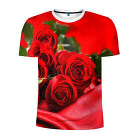 Мужская футболка 3D спортивная с принтом Розы в Петрозаводске, 100% полиэстер с улучшенными характеристиками | приталенный силуэт, круглая горловина, широкие плечи, сужается к линии бедра | Тематика изображения на принте: букет | красная | лепесток | разноцветная | роза | цветок