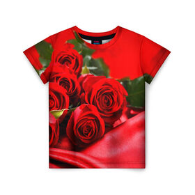 Детская футболка 3D с принтом Розы в Петрозаводске, 100% гипоаллергенный полиэфир | прямой крой, круглый вырез горловины, длина до линии бедер, чуть спущенное плечо, ткань немного тянется | букет | красная | лепесток | разноцветная | роза | цветок