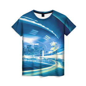 Женская футболка 3D с принтом Мегаполис в Петрозаводске, 100% полиэфир ( синтетическое хлопкоподобное полотно) | прямой крой, круглый вырез горловины, длина до линии бедер | night city | высотки | город | движение | мегаполис | неоновый свет | ночная жизнь | ночной город | огни | поток | столица | трафик