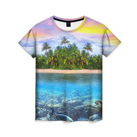 Женская футболка 3D с принтом Мальдивы в Петрозаводске, 100% полиэфир ( синтетическое хлопкоподобное полотно) | прямой крой, круглый вырез горловины, длина до линии бедер | загар | каникулы | мальдивские острова | мальдивы | отдых | отпуск | пляж | приключения | солнце | туризм