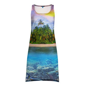 Платье-майка 3D с принтом Мальдивы в Петрозаводске, 100% полиэстер | полуприлегающий силуэт, широкие бретели, круглый вырез горловины, удлиненный подол сзади. | загар | каникулы | мальдивские острова | мальдивы | отдых | отпуск | пляж | приключения | солнце | туризм