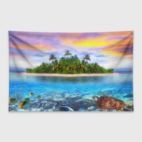 Флаг-баннер с принтом Мальдивы в Петрозаводске, 100% полиэстер | размер 67 х 109 см, плотность ткани — 95 г/м2; по краям флага есть четыре люверса для крепления | Тематика изображения на принте: загар | каникулы | мальдивские острова | мальдивы | отдых | отпуск | пляж | приключения | солнце | туризм