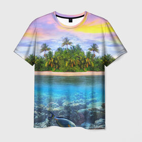 Мужская футболка 3D с принтом Мальдивы в Петрозаводске, 100% полиэфир | прямой крой, круглый вырез горловины, длина до линии бедер | загар | каникулы | мальдивские острова | мальдивы | отдых | отпуск | пляж | приключения | солнце | туризм