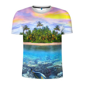 Мужская футболка 3D спортивная с принтом Мальдивы в Петрозаводске, 100% полиэстер с улучшенными характеристиками | приталенный силуэт, круглая горловина, широкие плечи, сужается к линии бедра | загар | каникулы | мальдивские острова | мальдивы | отдых | отпуск | пляж | приключения | солнце | туризм