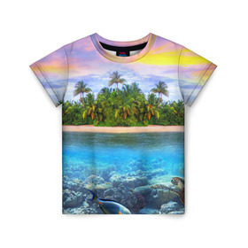 Детская футболка 3D с принтом Мальдивы в Петрозаводске, 100% гипоаллергенный полиэфир | прямой крой, круглый вырез горловины, длина до линии бедер, чуть спущенное плечо, ткань немного тянется | Тематика изображения на принте: загар | каникулы | мальдивские острова | мальдивы | отдых | отпуск | пляж | приключения | солнце | туризм