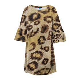 Детское платье 3D с принтом Леопардовая ткань в Петрозаводске, 100% полиэстер | прямой силуэт, чуть расширенный к низу. Круглая горловина, на рукавах — воланы | Тематика изображения на принте: гепард | гламур | леопард | мода | пятна | роскошь | ткань | точки | шерсть