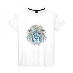 Женская футболка хлопок с принтом Лев в Петрозаводске, 100% хлопок | прямой крой, круглый вырез горловины, длина до линии бедер, слегка спущенное плечо | лев