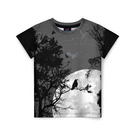 Детская футболка 3D с принтом Черный ворон в Петрозаводске, 100% гипоаллергенный полиэфир | прямой крой, круглый вырез горловины, длина до линии бедер, чуть спущенное плечо, ткань немного тянется | ворон | луна | новинки | ночь | полнолуние | природа | птица