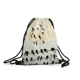 Рюкзак-мешок 3D с принтом Темная стая в Петрозаводске, 100% полиэстер | плотность ткани — 200 г/м2, размер — 35 х 45 см; лямки — толстые шнурки, застежка на шнуровке, без карманов и подкладки | ворон | закат | ласточки | новинки | популярное | птицы | темнота