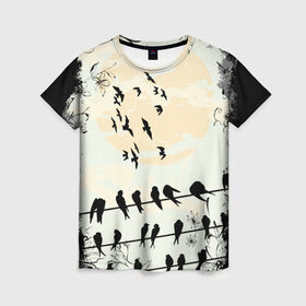 Женская футболка 3D с принтом Темная стая в Петрозаводске, 100% полиэфир ( синтетическое хлопкоподобное полотно) | прямой крой, круглый вырез горловины, длина до линии бедер | ворон | закат | ласточки | новинки | популярное | птицы | темнота