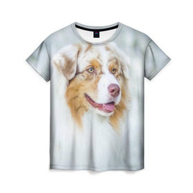 Женская футболка 3D с принтом Австралийская овчарка в Петрозаводске, 100% полиэфир ( синтетическое хлопкоподобное полотно) | прямой крой, круглый вырез горловины, длина до линии бедер | австралийская овчарка | животные | природа | собака | щенок