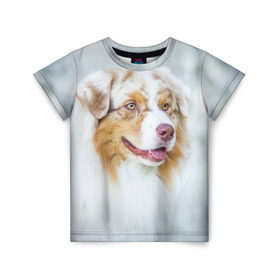 Детская футболка 3D с принтом Австралийская овчарка в Петрозаводске, 100% гипоаллергенный полиэфир | прямой крой, круглый вырез горловины, длина до линии бедер, чуть спущенное плечо, ткань немного тянется | австралийская овчарка | животные | природа | собака | щенок