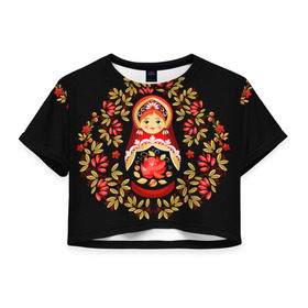 Женская футболка 3D укороченная с принтом Матрешка в Петрозаводске, 100% полиэстер | круглая горловина, длина футболки до линии талии, рукава с отворотами | flowers | matryoshka | russian | роспись | русская | цветы