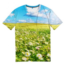 Мужская футболка 3D с принтом Ромашковый ковёр в Петрозаводске, 100% полиэфир | прямой крой, круглый вырез горловины, длина до линии бедер | горизонт | зелень | небо | облака | поле | поляна | ромашки | солнце | цветы