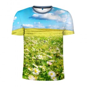 Мужская футболка 3D спортивная с принтом Ромашковый ковёр в Петрозаводске, 100% полиэстер с улучшенными характеристиками | приталенный силуэт, круглая горловина, широкие плечи, сужается к линии бедра | горизонт | зелень | небо | облака | поле | поляна | ромашки | солнце | цветы