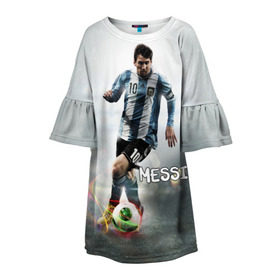 Детское платье 3D с принтом Leo Messi в Петрозаводске, 100% полиэстер | прямой силуэт, чуть расширенный к низу. Круглая горловина, на рукавах — воланы | barselona | messi | аргентина | барселона | месси | мяч | футбол