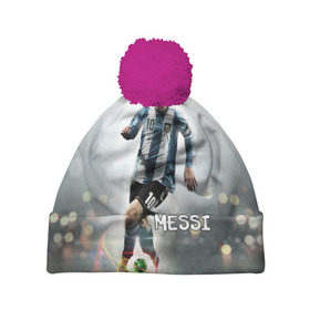 Шапка 3D c помпоном с принтом Leo Messi в Петрозаводске, 100% полиэстер | универсальный размер, печать по всей поверхности изделия | barselona | messi | аргентина | барселона | месси | мяч | футбол