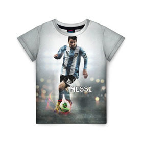 Детская футболка 3D с принтом Leo Messi в Петрозаводске, 100% гипоаллергенный полиэфир | прямой крой, круглый вырез горловины, длина до линии бедер, чуть спущенное плечо, ткань немного тянется | Тематика изображения на принте: barselona | messi | аргентина | барселона | месси | мяч | футбол
