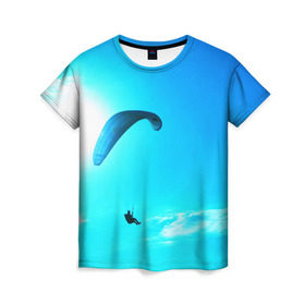 Женская футболка 3D с принтом Прыжок в Петрозаводске, 100% полиэфир ( синтетическое хлопкоподобное полотно) | прямой крой, круглый вырез горловины, длина до линии бедер | парашют | прыжок | синяя