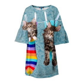 Детское платье 3D с принтом Мейн-кун 1 в Петрозаводске, 100% полиэстер | прямой силуэт, чуть расширенный к низу. Круглая горловина, на рукавах — воланы | Тематика изображения на принте: кот | котенок | котик | котэ | кошка | мейн кун | мейнкун | мэйн кун | мэйнкун