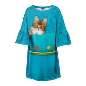 Детское платье 3D с принтом Мейн-кун 4 в Петрозаводске, 100% полиэстер | прямой силуэт, чуть расширенный к низу. Круглая горловина, на рукавах — воланы | кот | котенок | котик | котэ | кошка | мейн кун | мейнкун | мэйн кун | мэйнкун