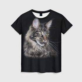 Женская футболка 3D с принтом Мейн-кун 5 в Петрозаводске, 100% полиэфир ( синтетическое хлопкоподобное полотно) | прямой крой, круглый вырез горловины, длина до линии бедер | Тематика изображения на принте: кот | котенок | котик | котэ | кошка | мейн кун | мейнкун | мэйн кун | мэйнкун
