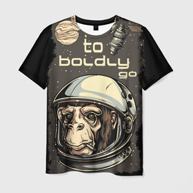 Мужская футболка 3D с принтом Космо мартышка в Петрозаводске, 100% полиэфир | прямой крой, круглый вырез горловины, длина до линии бедер | космос | луна | мартышка | новинки | обезьяна | популярное | спутник | шимпанзе