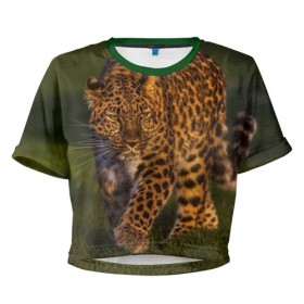 Женская футболка 3D укороченная с принтом Дальневосточный леопард в Петрозаводске, 100% полиэстер | круглая горловина, длина футболки до линии талии, рукава с отворотами | Тематика изображения на принте: дикая кошка | леопард | природа | хищник