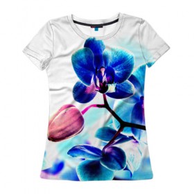 Женская футболка 3D с принтом Орхидея в Петрозаводске, 100% полиэфир ( синтетическое хлопкоподобное полотно) | прямой крой, круглый вырез горловины, длина до линии бедер | лютики | синий | цветы