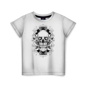 Детская футболка 3D с принтом Череп 33 в Петрозаводске, 100% гипоаллергенный полиэфир | прямой крой, круглый вырез горловины, длина до линии бедер, чуть спущенное плечо, ткань немного тянется | Тематика изображения на принте: skull | skulls | кости | скелет | череп