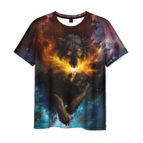 Мужская футболка 3D с принтом Космоволк в Петрозаводске, 100% полиэфир | прямой крой, круглый вырез горловины, длина до линии бедер | волк | вселенная | галактика | звёзды | космос | оскал | пламя | созвездие