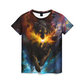 Женская футболка 3D с принтом Космоволк в Петрозаводске, 100% полиэфир ( синтетическое хлопкоподобное полотно) | прямой крой, круглый вырез горловины, длина до линии бедер | волк | вселенная | галактика | звёзды | космос | оскал | пламя | созвездие