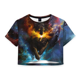 Женская футболка 3D укороченная с принтом Космоволк в Петрозаводске, 100% полиэстер | круглая горловина, длина футболки до линии талии, рукава с отворотами | волк | вселенная | галактика | звёзды | космос | оскал | пламя | созвездие