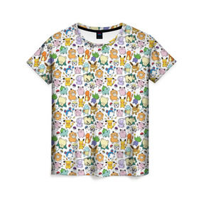 Женская футболка 3D с принтом Pokemon Doodle Big в Петрозаводске, 100% полиэфир ( синтетическое хлопкоподобное полотно) | прямой крой, круглый вырез горловины, длина до линии бедер | pokemon go | бульбозавр | пикачу | покебол | покемон | покемоны | псидак | слоупок | снорлакс | чермандер