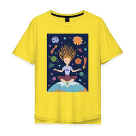 Мужская футболка хлопок Oversize с принтом Йога и гармония в Петрозаводске, 100% хлопок | свободный крой, круглый ворот, “спинка” длиннее передней части | Тематика изображения на принте: девушка | единение | звезды | йога | космос | медитация | планета