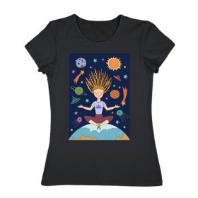 Женская футболка хлопок с принтом Йога и гармония в Петрозаводске, 100% хлопок | прямой крой, круглый вырез горловины, длина до линии бедер, слегка спущенное плечо | девушка | единение | звезды | йога | космос | медитация | планета