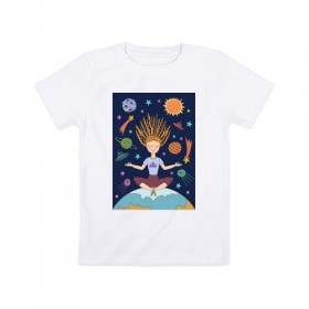 Детская футболка хлопок с принтом Йога и гармония в Петрозаводске, 100% хлопок | круглый вырез горловины, полуприлегающий силуэт, длина до линии бедер | Тематика изображения на принте: девушка | единение | звезды | йога | космос | медитация | планета