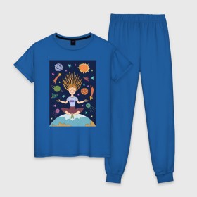 Женская пижама хлопок с принтом Йога и гармония в Петрозаводске, 100% хлопок | брюки и футболка прямого кроя, без карманов, на брюках мягкая резинка на поясе и по низу штанин | Тематика изображения на принте: девушка | единение | звезды | йога | космос | медитация | планета