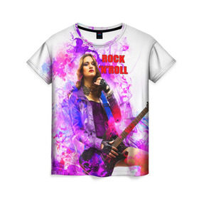 Женская футболка 3D с принтом Rock-n-Roll в Петрозаводске, 100% полиэфир ( синтетическое хлопкоподобное полотно) | прямой крой, круглый вырез горловины, длина до линии бедер | rock | гитара | девушка | концерт | рок | рок жив | рок музыка | русский рок