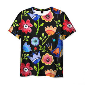 Мужская футболка 3D с принтом цветочный принт в Петрозаводске, 100% полиэфир | прямой крой, круглый вырез горловины, длина до линии бедер | акварель | графика | зелень | лес | лето | листья | принт | рисунок | цветок